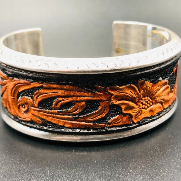 Vtg Peyote Bird Designer Tooled Leather Cuff Bracelet, Sterling Silver, 40.4 Gm - Picture 5 of 15